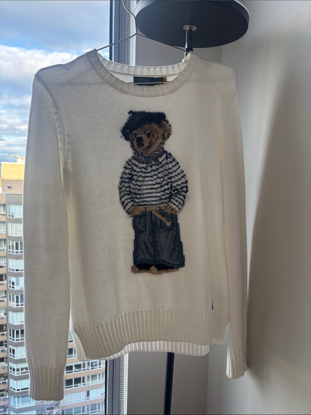 Polo by Ralph Lauren Cream Crewneck with Striped Bear Beret